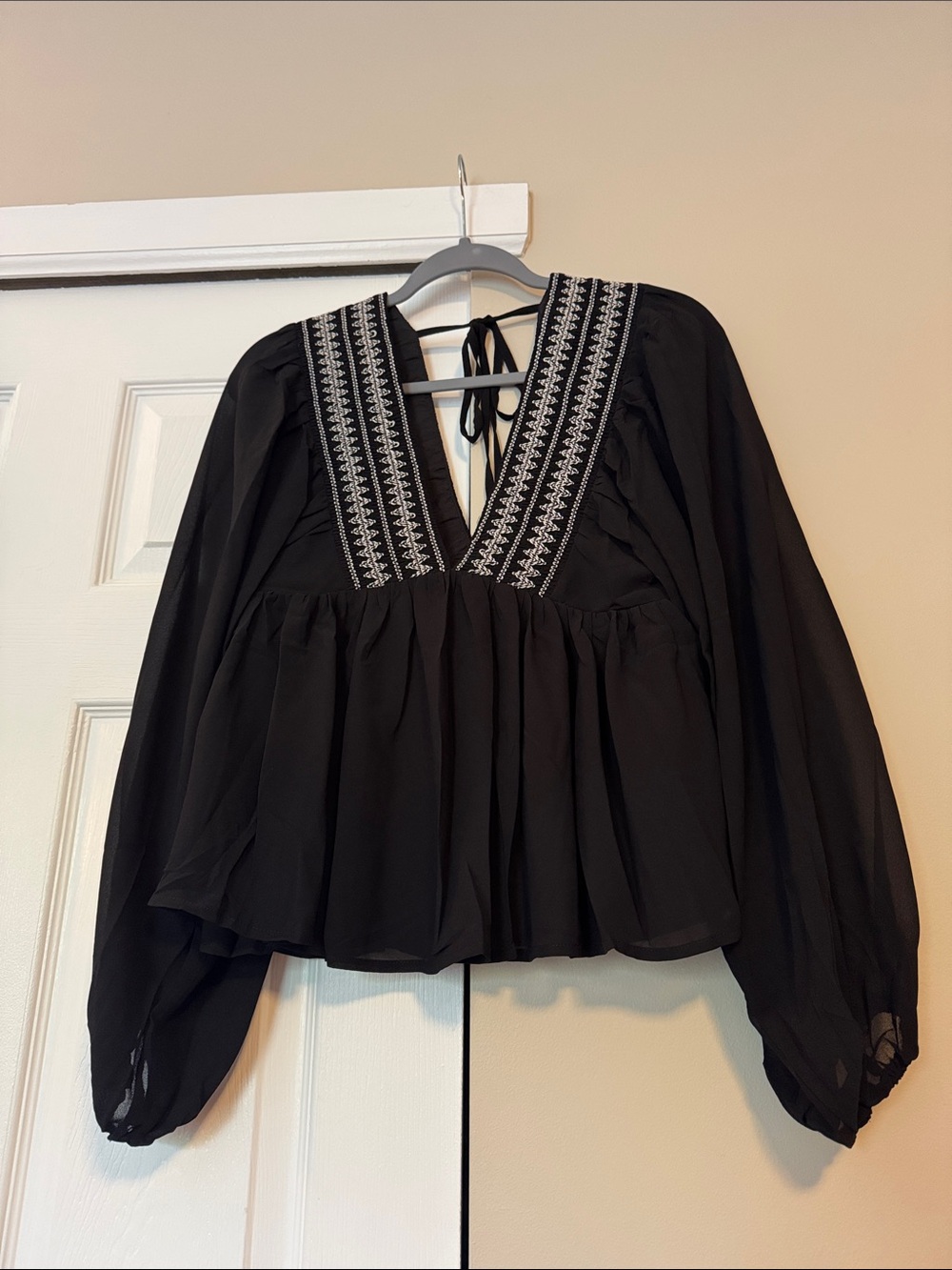TCEC Black Peasant Blouse with White Embroidered V-Neck